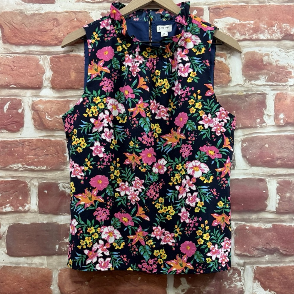 J Crew Top Women's Medium Multicolor Chic Garden Floral Ruffle High Neck Shirt